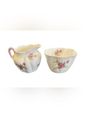VTG Shelley Dainty Bridal Rose Sugar Creamer Set White Pink England Cottagecore